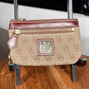 Dooney & Bourke Logo Coin Purse Brown Canvas Leather Trim Keychain
